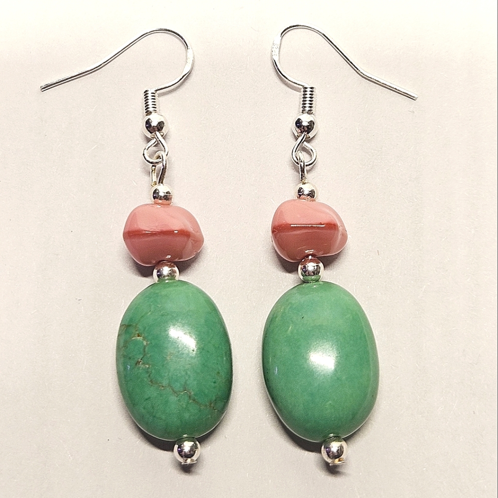 Green Stone and Pink Glass Beaded Earrings